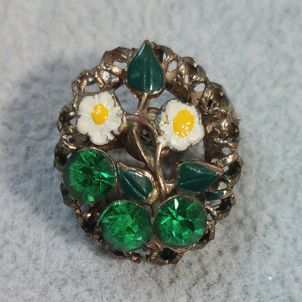 Vintage Enamel And Rhinestone Elegant Floral Brooch